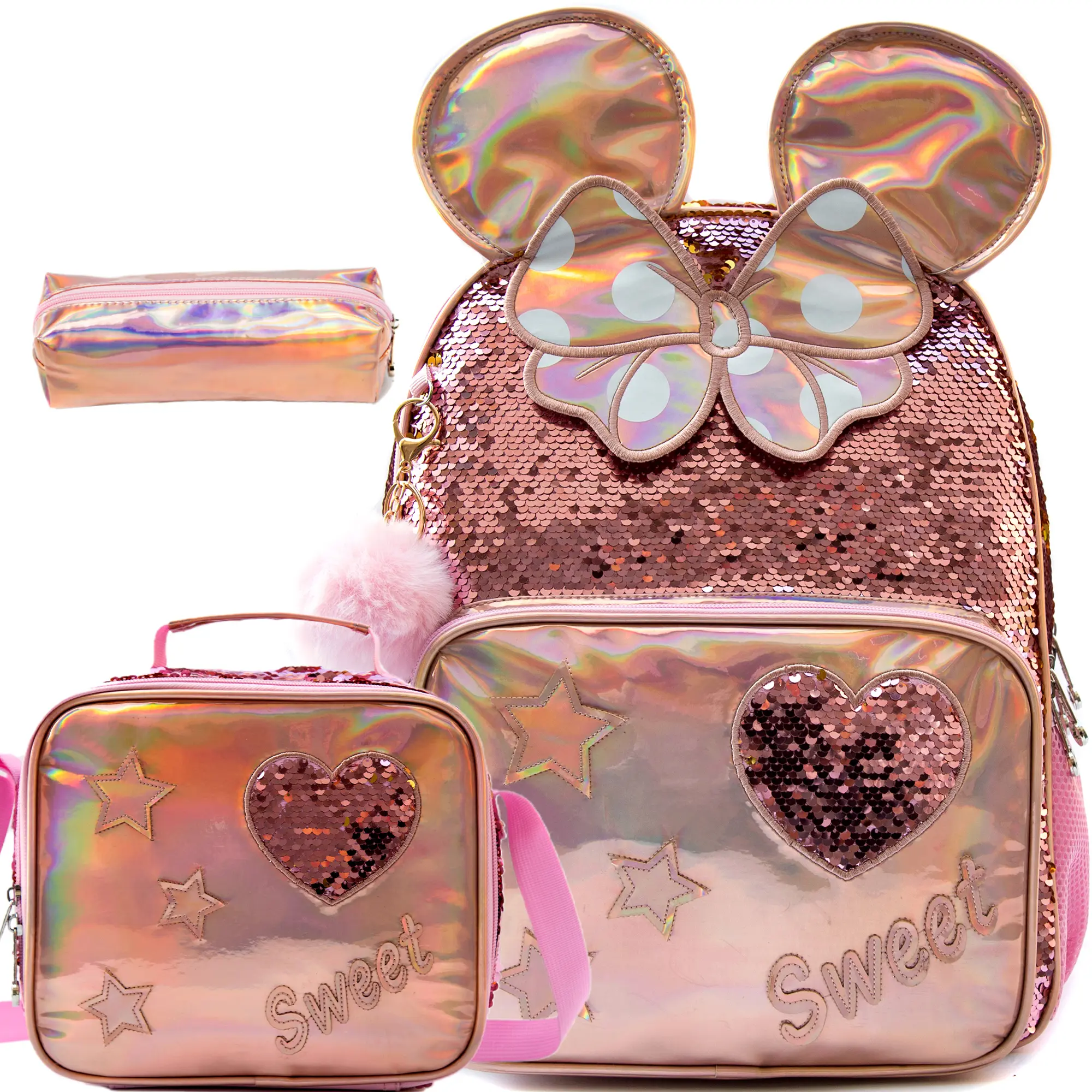 Girls' 3-Piece Glitter Mouse Ears Backpack Set, Character-Themed Sequin School Bag with Lunch Bag and Pencil Case, Backpack Backpacks, Character-Themed Backpacks Cute Daypacks