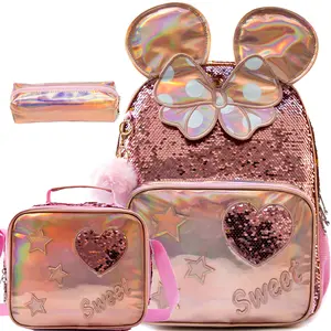 Girls' Glitter Mouse Ears Backpack Set, Sequin School Bag with Lunch Bag & Pencil Case smooth zipper