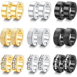 FIBO STEEL 9 Pairs Stainless Steel Clip Hoop Earrings Set for Men Women Paved CZ Ear Clip Non-Piercing Earrings Fashion Jewelry