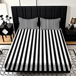 2/3 Piece Black And White Striped Background Theme Pattern Fitted Sheet Set(1*Fitted Sheet+1/2*pillowcase,no Filling)soft And Comfortable Bedding Set,all Season Use,machine Washable,perfect Gift For Family Festivals Christmas New Year