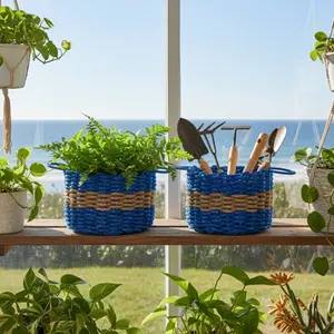 Blue & Tan Handwoven Lobster Rope Basket – Coastal Outdoor Storage Bin