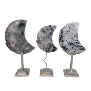 Gorgeous Druzy Moss Agate Moons with Stands