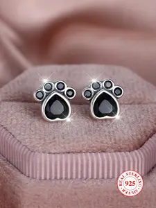 925 Sterling Silver Cute Paw Design Earrings, Stud Earring Jewelry, Fashionable Rhinestone Decor Earrings for Women & Girls, Trendy All-match & Exquisite Jewelry for Birthday Gift