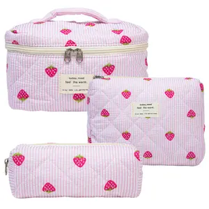 3Pcs Quilted Makeup Bag Set, Cute Strawberry Print Cosmetic Pouch, Large Travel Toiletry Organizer, Aesthetic Pencil Case for Women Girls