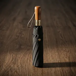 Premium Wooden Handle Folding Umbrella - Windproof & Sturdy for Daily Commute