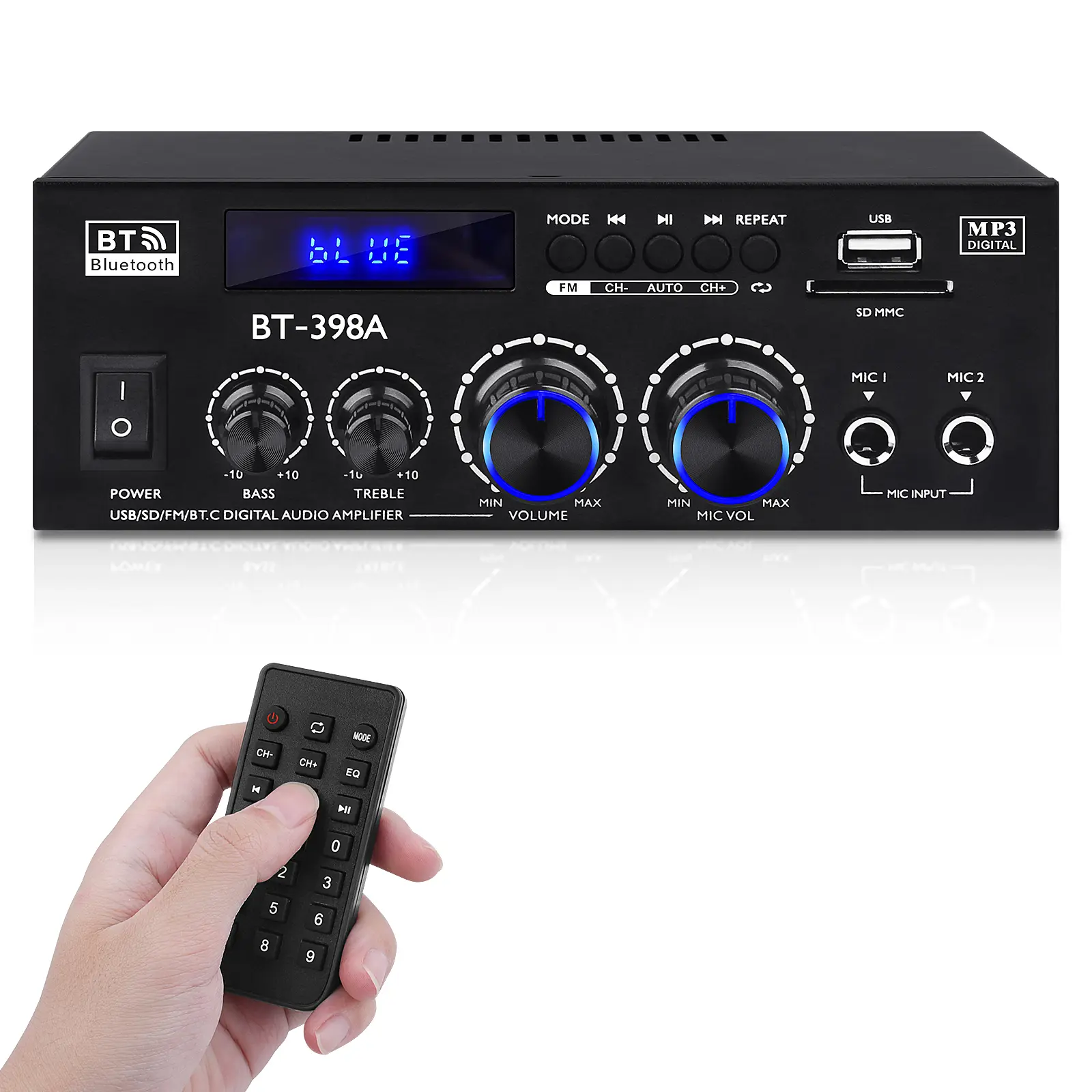 2-Channel Bluetooth 5.0 Home Audio Amplifier BT-398A, 60Wx2 with FM, USB, SD Card, Remote Control, Mobile Device Connection for Karaoke Stereo System, Microphone, Smartphone