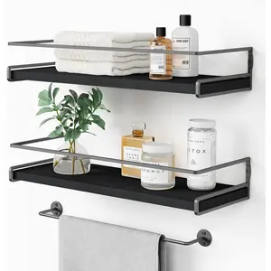 Black Floating Shelves for Bathroom Wall Set of 2, Kitchen Spice Rack Wall Mount, Modern Wood Hanging Wall Shelves for Bedroom Organizer, Restroom Pantry Closet Storage (Grey-Black)