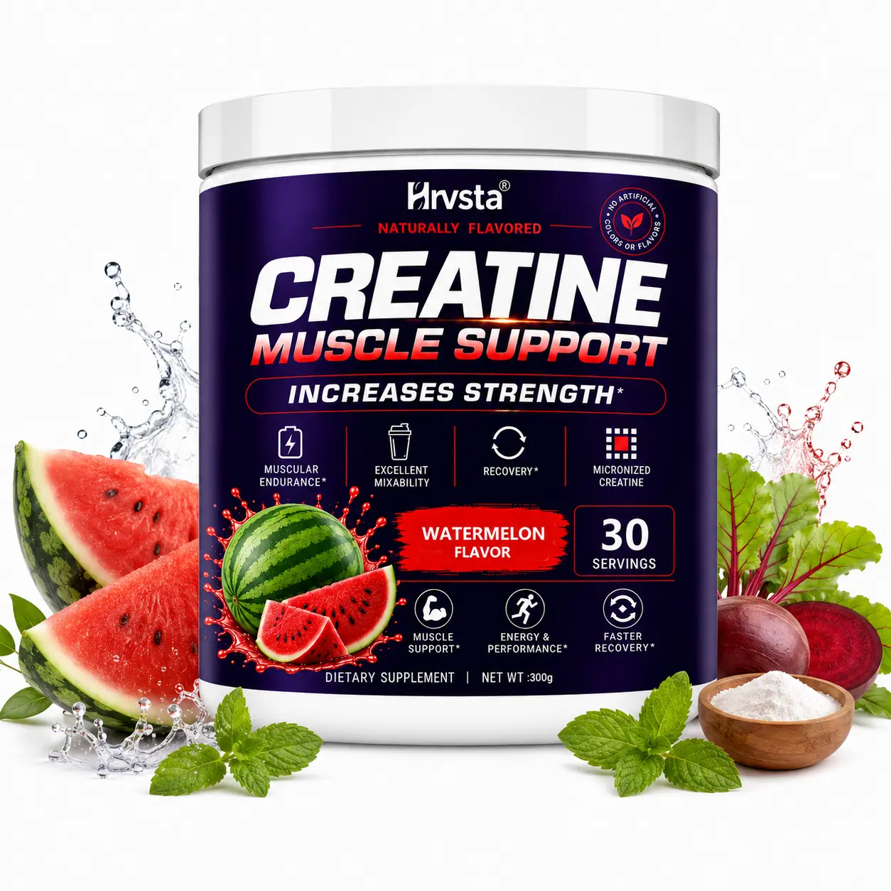 Creatine Monohydrate Powder – Watermelon Flavor, 30 Servings, Micronized Creatine for Muscle Support, Strength & Workout Performance, Excellent Mixability, 300g Dietary Supplement