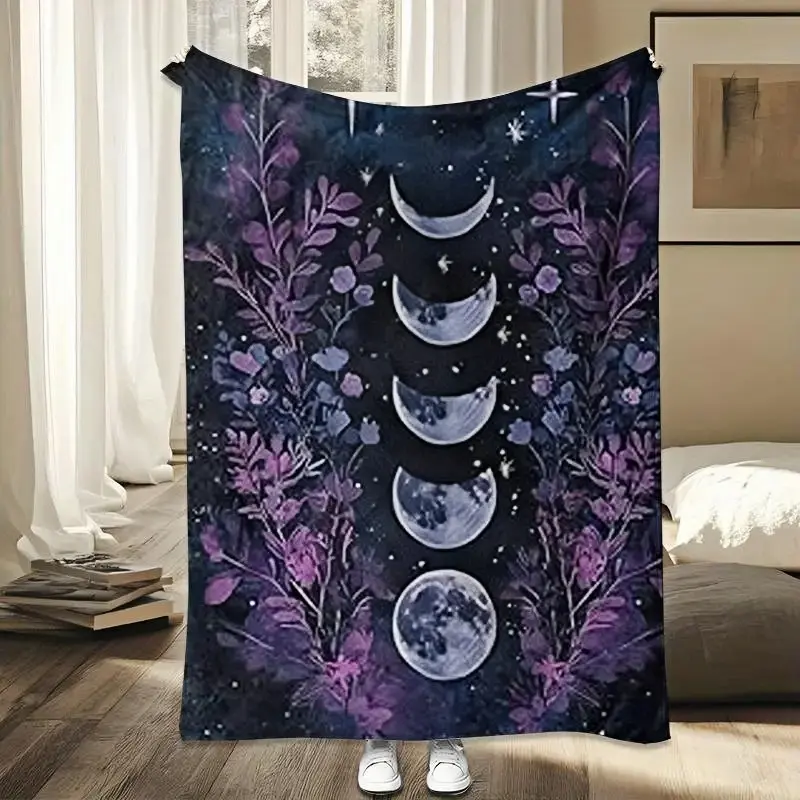 Dark Celestial Moon Phase Print Flannel Throw Blanket, 280GSM Soft Lightweight All Season Cover, Gothic Dark Vintage Home Decor Blanket for Sofa Bedroom, Ideal Holiday Gift for Dark Aesthetic Lovers （225 ，） 280GSM soft lightw