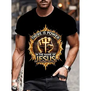 Men's 3D Print T-Shirt Featuring 'There Is Power in the Name of Jesus' Graphic, Breathable Comfortable Polyester, Urban Streetwear Style, Casual Round Neck Everyday Wear, Durable Bold Graphic Tee
