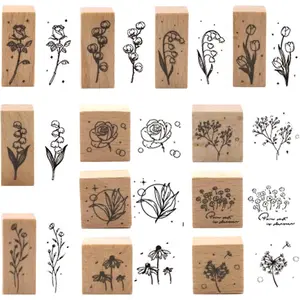 12 Pieces Vintage Wooden Flower Stamp Rubber Plant Decorative Mounted Rubber Stamp Set for DIY Craft, Letters Diary and Craft Scrapbooking