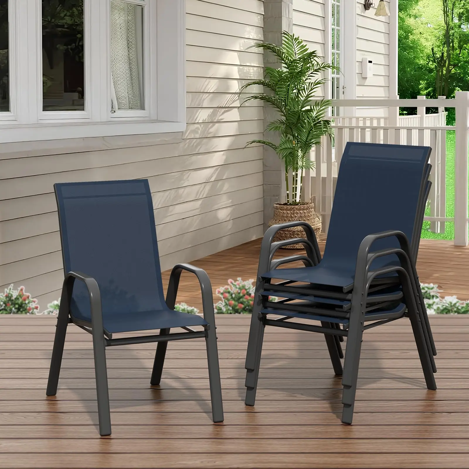 Set of 4 Stackable Patio Dining Chairs – High Back Outdoor Chairs with Durable Textilene Fabric, Lightweight Metal Frame, All-Weather Seating for Garden, Deck, Balcony, Poolside