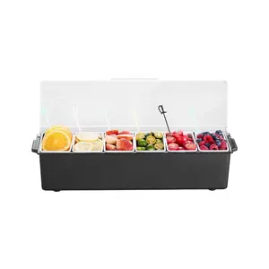VEVOR Chilled Condiment Server, 4 Compartment Ice Cooled Condiment Serving Container, Chilled Garnish Tray Bar Caddy with Lid, for Bartending Serving Taco, Salad, Fruit, Home Restaurant Supplies