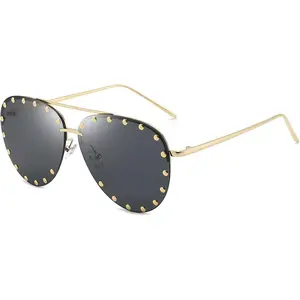 Studded Sunglasses for Women Fashion Studded Aviator Sunglasses Metal Frame UV 400