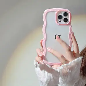 Phone case Compatible for iPhone 1716 15 14 13 12 pro max plus Case Pink Clear Cute Curly Wave Wavy Frame Shape for iPhone 17 Phone Cases Shockproof Slim Protective Phone Cover for Women Girls Clear Design, Pink