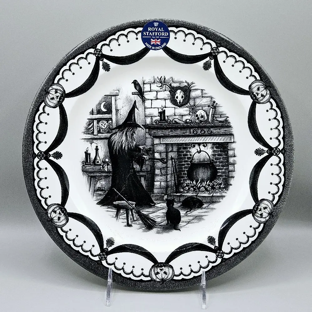 Royal Stafford 11-inch Ceramic Dinner Plate Halloween Scene Witch Brewing Potion Black Cats Ravens Skulls Candles Broom Spiderwebs Dishwasher Safe Made in England