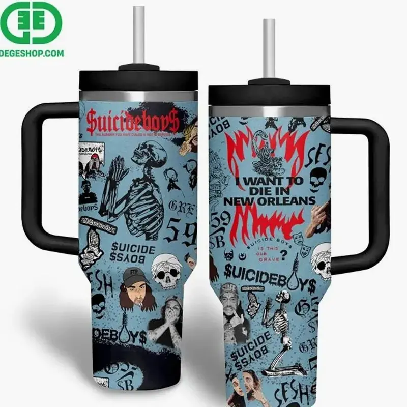 $uicideboy$ Greyday 2026 G59 Merch 40oz Insulated Tumbler with Handle and Straw | I Want To Die In New Orleans Skull Graphic Stainless Steel Travel Mug Gift