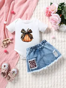 Autumn Baby Girl Set, Pumpkin Leopard Butterfly Design, Short Sleeve Jumpsuit & Denim Skirt, Cute Loose Fit, Perfect for Halloween & Daily Wear