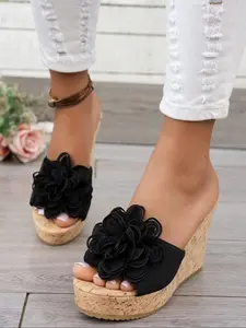 Women's Fashionable Flower Decorated Wedge Sandals, Casual Comfortable Platform Sandals for Summer, Female All-match Round Toe Sandals for Daily Wear, Girl, Classy Sandal