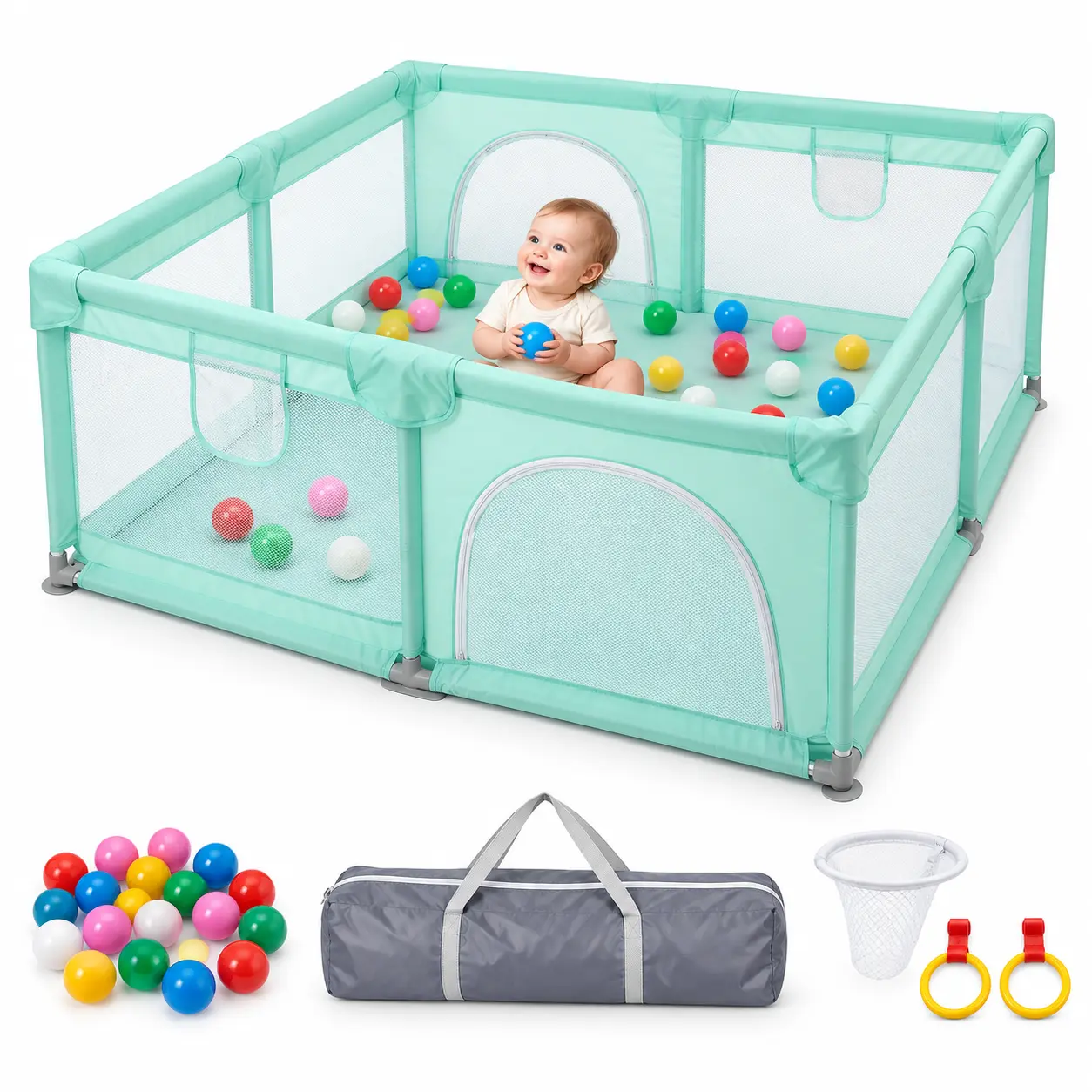 Mint Green Large Baby Playpen for Babies & Toddlers, 70.9x59.1in Play Yard with Breathable Mesh, 2 Zipper Doors, Anti-Slip Base, 30 Play Balls & Storage Bag