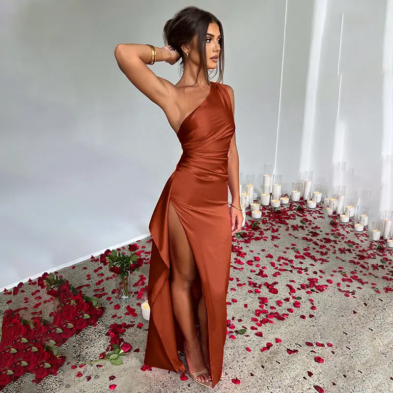 Sexy One-shoulder Backless Slit Dress Summer Elegant Slim-fit Solid Color  Satin Dresses For Women - TikTok Shop