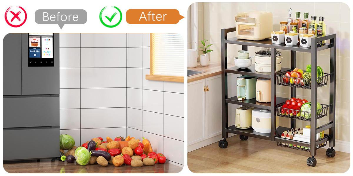 [Multi-Purpose] Metal Rolling Kitchen Storage Rack with Open Baskets – Black 3-Tier / 4-Tier Wheeled Organizer Cart, Multifunctional Floor Storage Stand, Efficient Space-Saving Kitchen Organizer and Storage Rack