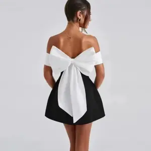 Elegant women’s oversized mini dress with a large bow—sexy tube design for parties, evening cocktails, balls, and prom; formal soft fabric; suitable as a birthday or wedding dress; skirt version available.
