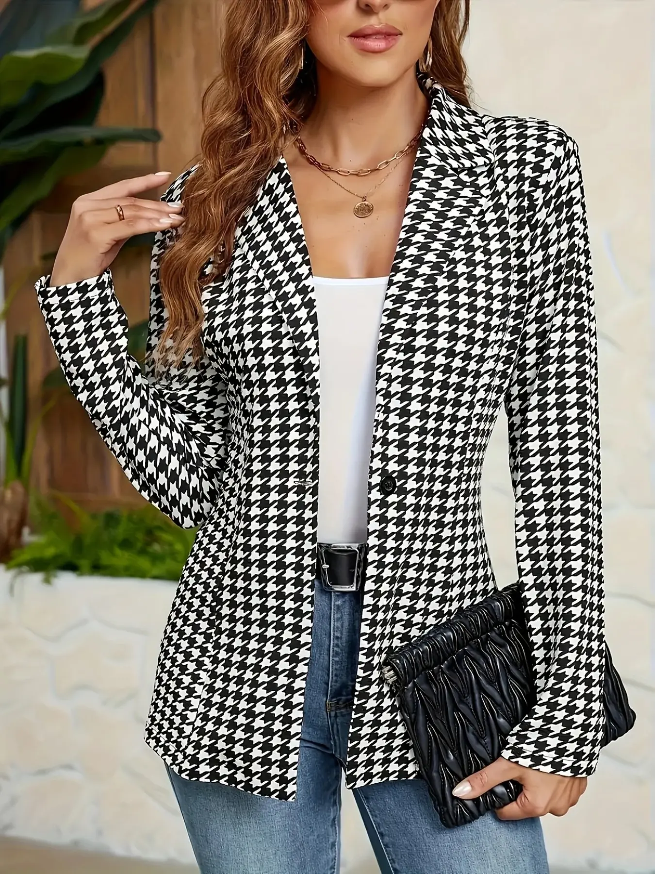 Women's Spring & Fall Mid-Length Suit Jacket Fit, Checkered Print Houndstooth Long Sleeve Button Belted Cardigan, Fashion Chic Casual Business Style, Classic Office Wear