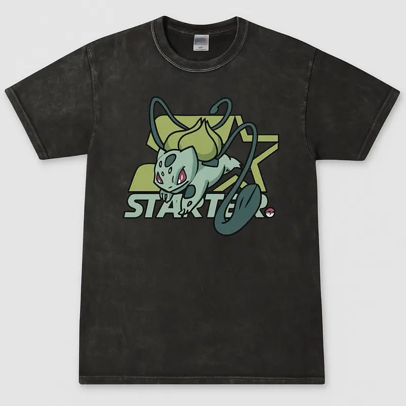 Bulbasaur Starter Anime Mineral Washed T-Shirt, Oversized Graphic Tee, Gifts for Him, Valentine's Day, Birthday, Christmas, Father's Day, Crewneck Menswear