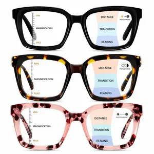 3 Pack Oversized Square Progressive Reading Glasses, Blue Light Blocking Readers with Spring Hinge, Lightweight Anti-Glare Computer Eyeglasses for Women & Men