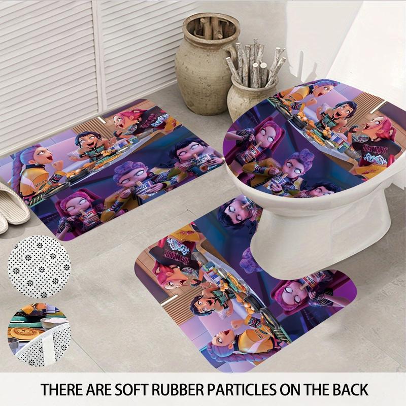 K-POP Demon Hunters Bathroom Set, Including Shower Curtain with 12 Hooks, Non-Slip Bath Rug, U-Shaped Toilet Mat, Toilet Lid Cover, Bathroom Decoration Accessories