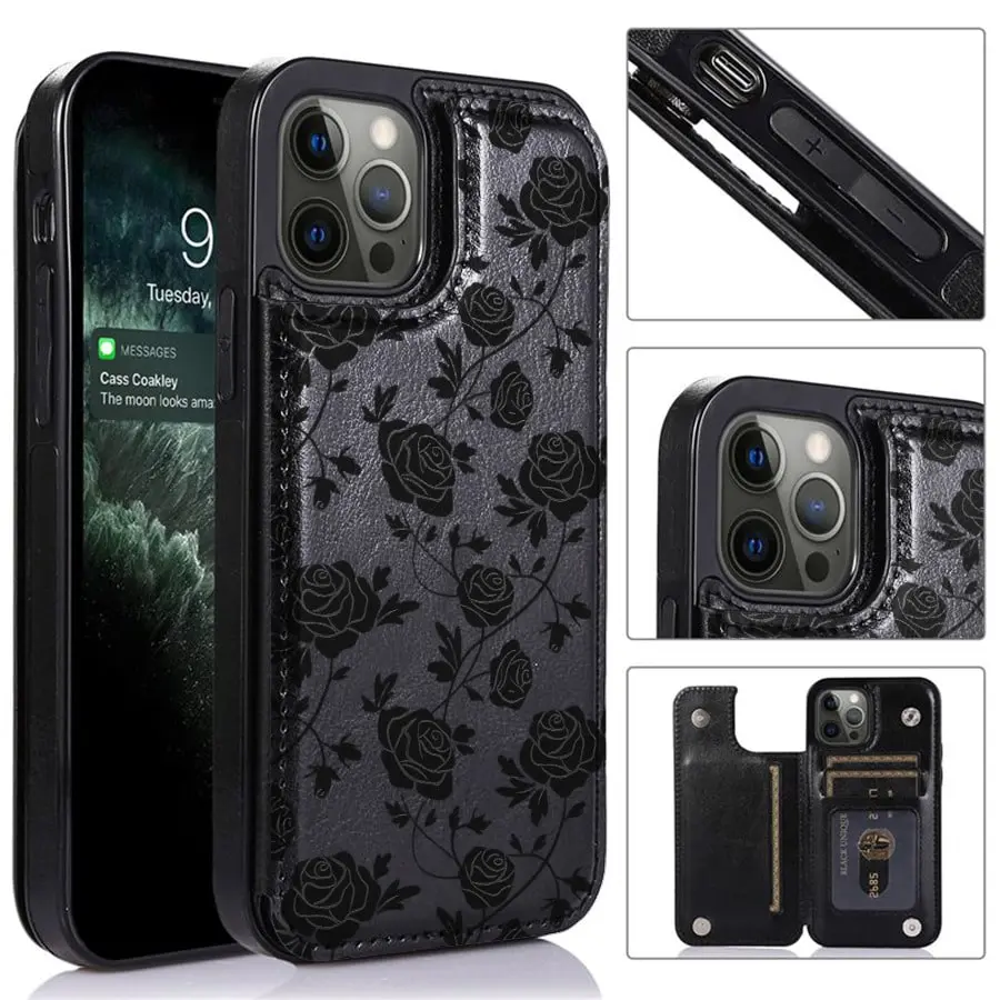 Black Rose Faux Leather Wallet Phone Case for iPhone 17/16/15/14/13/12 - Slim Shockproof TPU Cover with 3 Card Slots, Handheld Accessory, Creative Gift for Mobile Users