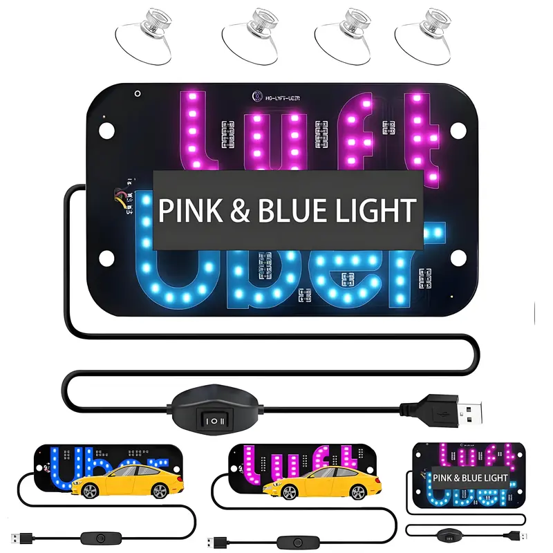 U/L Taxi Sign Light LED Decal for Car Windshield with Suction Cups USB Plug Dual-Color Conversion Scrolling Display Board Pink & Blue Light