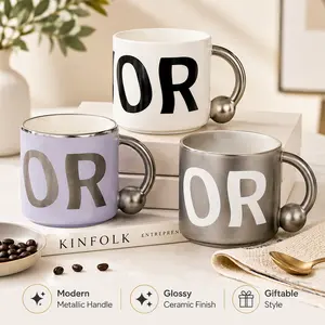 Modern OR Letter Print Ceramic Mug 13.5oz Spherical Handle Portable Washable Reusable Tumbler Cute Birthday Gift White Ceramic Cup Dad Coffee Mug Sister Gift Boss Gift Coffee Lovers Cute Daily Drinkware Reuse