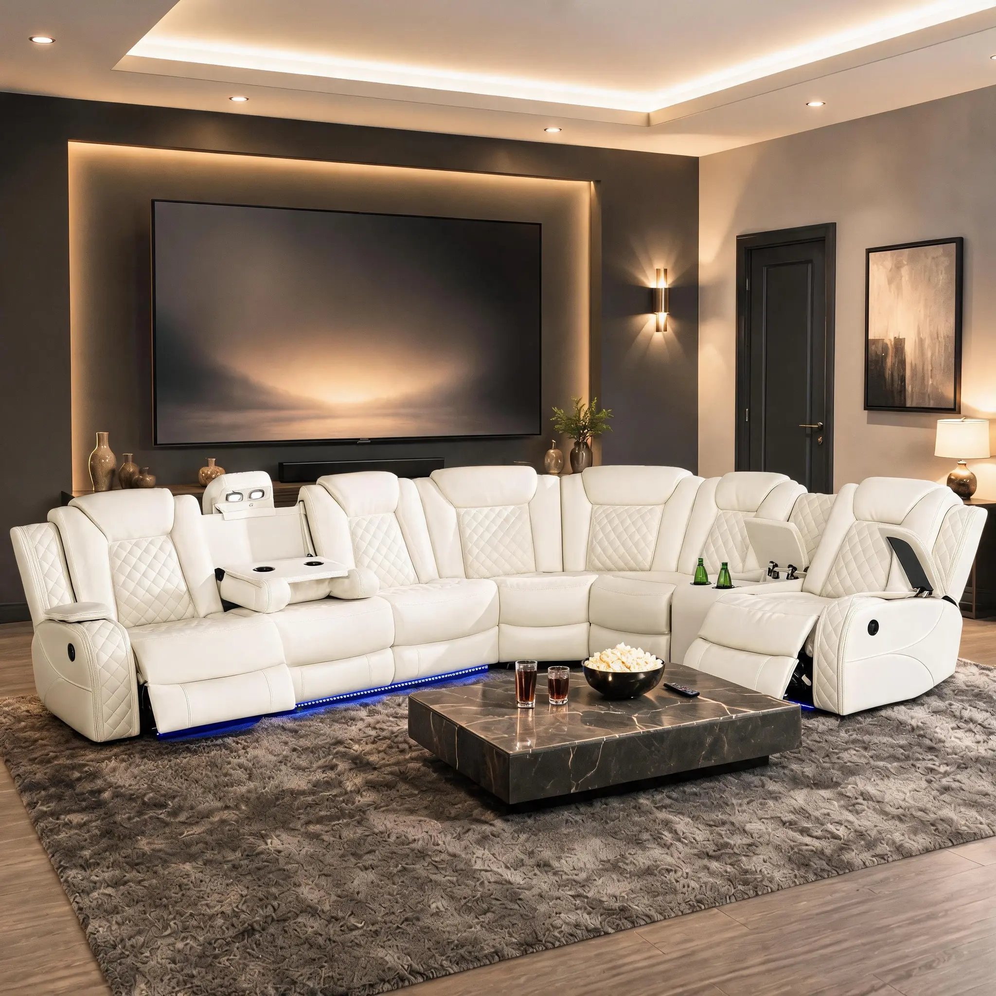Ainehome Modern LED 3-Piece Off-White Leather Electric Recliner Sofa Set - Living Room Indoor Furniture with Adjustable Backrest, Storage, and Breathable Design bedroom lounge couch
