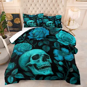Vintage Skull & Floral Themed Quilt Set (2-3 Pcs): Comforter Set Includes 1 Quilt with Filling + 1/2 Pillowcases (no Filler), Blending Butterfly Skulls, Lace Skulls, Golden Floral Skulls, Vintage Dark Styling, Artistic Space Decor, Decorative Bedding Set