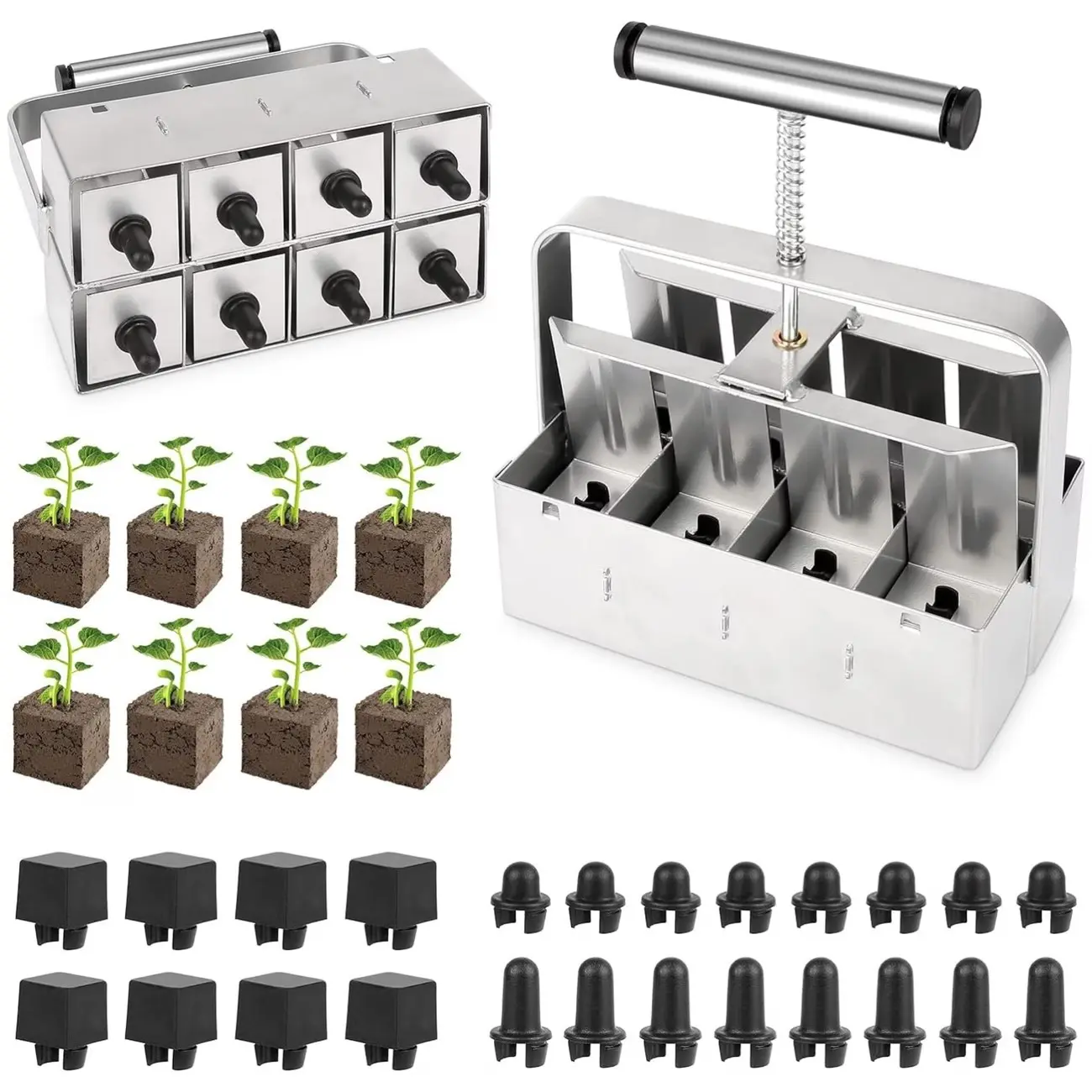 8 Cell Metal Soil Blocker, 2 Inch Four Core Manual Seed Brick Maker, Handheld Tool with 3 Seed Pins, Outdoor Planting, Garden Supplies