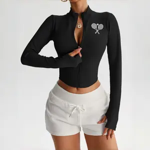 Hijesse Women's Ribbed Knit Zip Up Crop Top, Slim Fit Long Sleeve Tennis Graphic Cropped Jacket, Perfect for exercise, daily wear and outdoor activities.