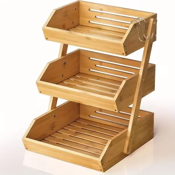 2/3-Tier Wooden Fruit Basket Stand - Large Capacity Kitchen Counter Organizer with Open Slat Design for Vegetables, Bread & Produce, Easy Assembly, Natural Wood Finish