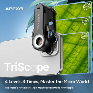 Apexel Phone Revolver Microscope, 4 Levels 3 Times . Pro lighting. Ultra-portable Long Battery Life