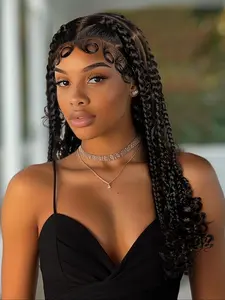 18 Inch Black Long Coily Rope Braided Wigs for Women, Gorgeous Fluffy Wigs with Baby Hair Bangs, Synthetic Braided Lace Wigs for Party, Daily Use