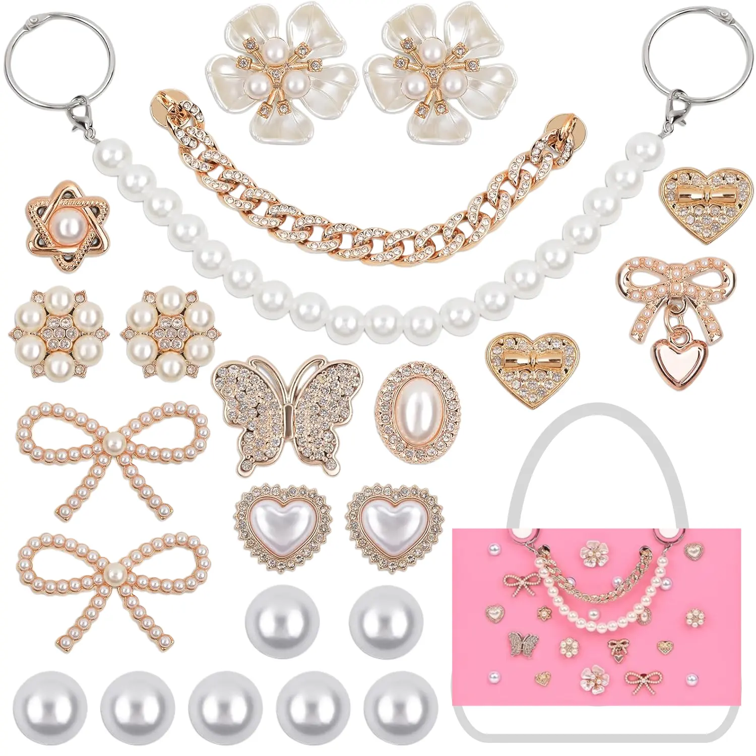 23Pcs ABS Pearl Bogg Bag Charms - Bow, Butterfly, Flower, Heart Accessories, Compatible with Simply Southern Rubber Beach Tote Bag