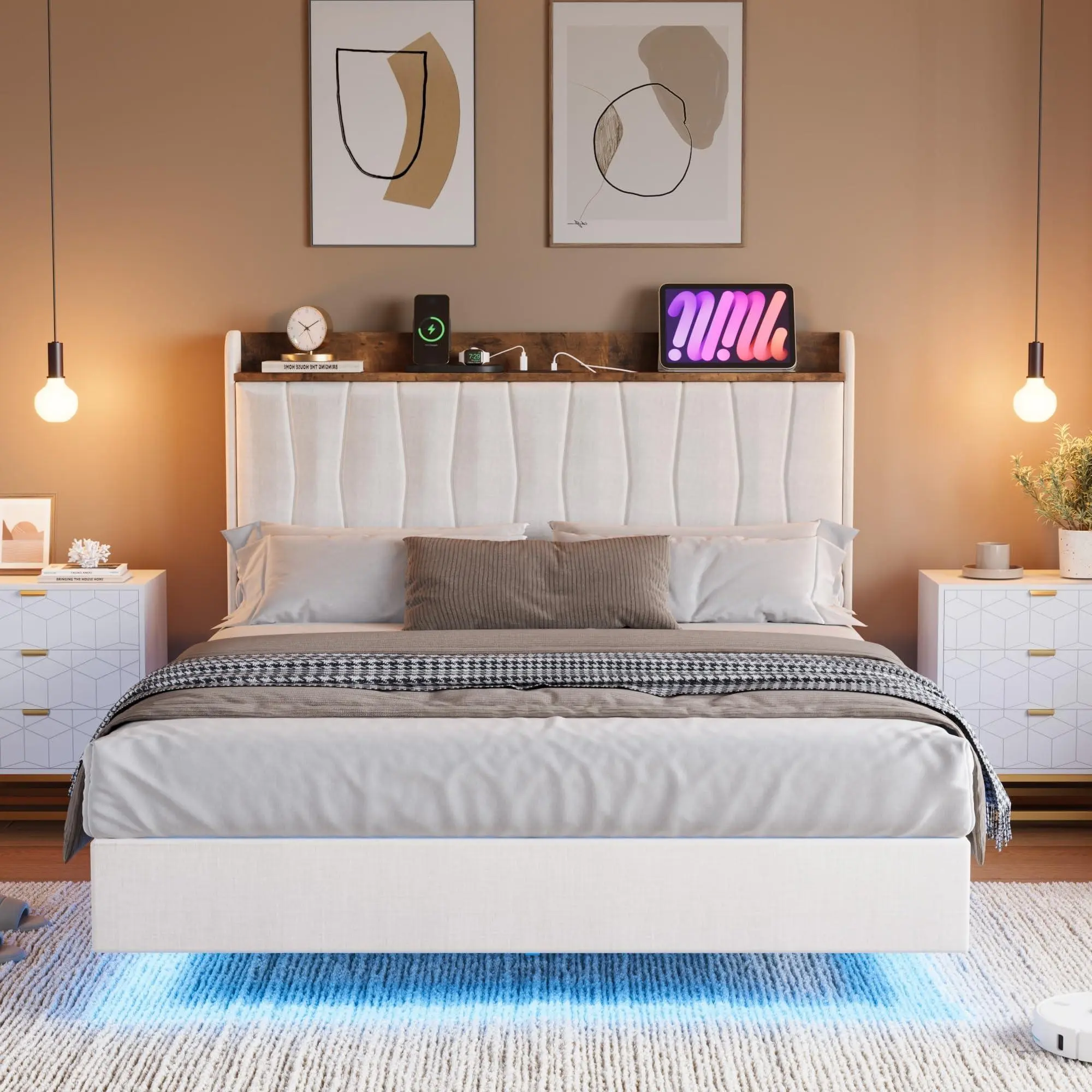 Full Size Upholstered Storage Bed Frame with Linen Fabric Headboard, Built-in Charging Station, LED Lighting Feature, No Box Spring Needed, Easy Assembly Required, White