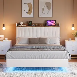 Full Size Floating Bed Frame with Upholstered Storage Headboard, Full Platform Bed Frame with Charging Station & LED Lights, Linen Fabric, No Box Spring Needed, Easy Assembly, White