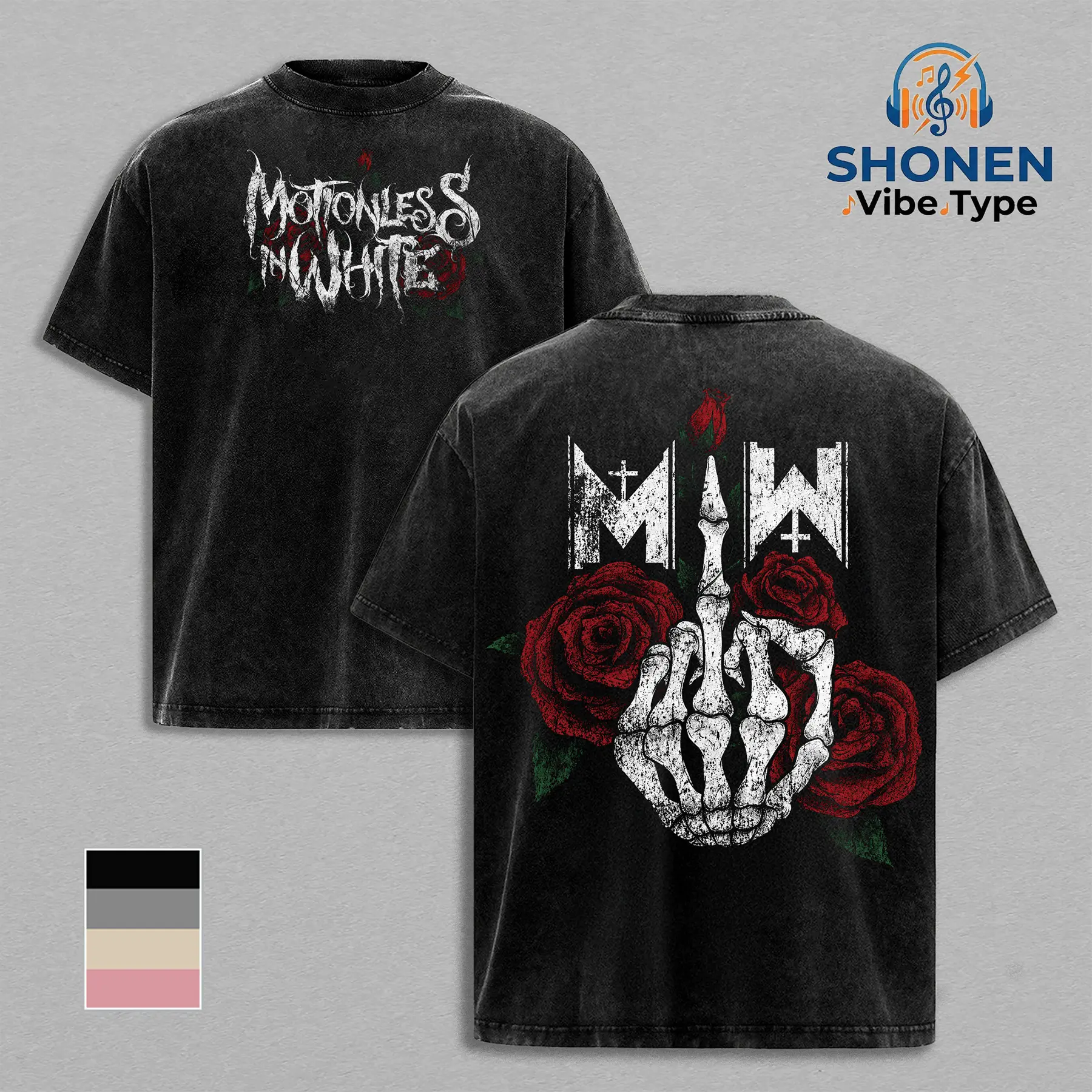 Retro Motionless In White Skeleton Rose Graphic Tee, Rock Band Shirt, Streetwear for Men, Oversized Black Washed Heavyweight T-Shirt, Retro Music Tee, Grunge Aesthetic Clothing