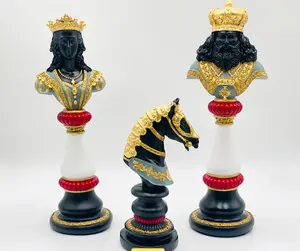 Hand-Painted Luxury Resin Chess Piece Statues – Large Renaissance Bust Sculptures (King, Queen, Knight) – Vintage Gold & Black Decorative Figurines for Home Office, Living Room Tabletop Decor, Collectible Gift