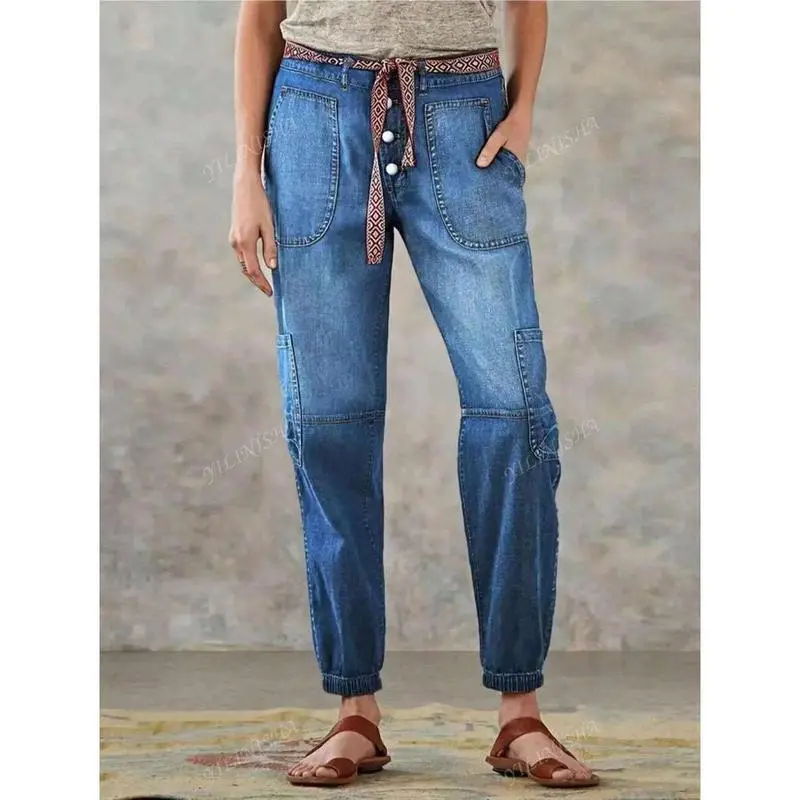 Women's Front Button Multi-Pocket Drawstring Waist Casual Jeans Fit Womenswear Bottom Jogger Women's Front Button Multi-Pocket Drawstring Waist Casual Jeans Fit Womenswear Bottom Jogger