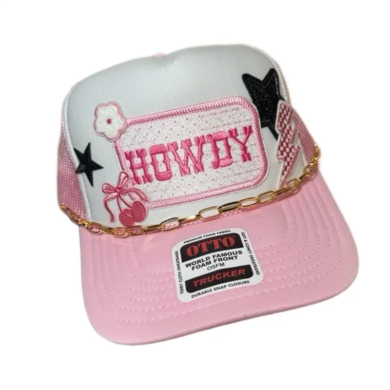 OTTO HOWDY Trucker Hat with Patches Pink and White Design Featuring Stars and Cherries