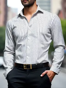 Men's Long-Sleeve Button Front Fitted Dress Shirt Featuring Classic Black & White Striped Patterns for Businessmen, Menswear