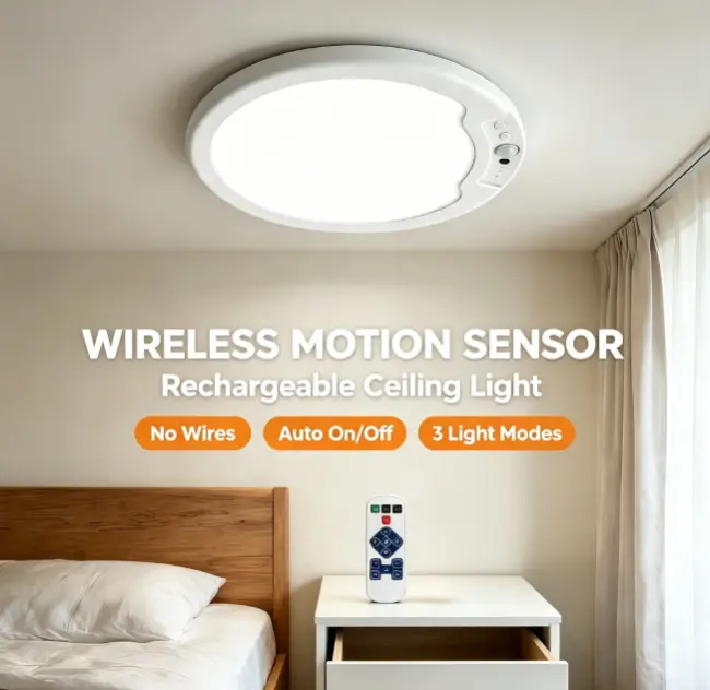 Rechargeable Motion Sensor Ceiling Light with Remote – Wireless Magnetic Battery-Powered LED Light for Closet, Stairs, Hallway, Shed, Porch, and Patio, Easy Install